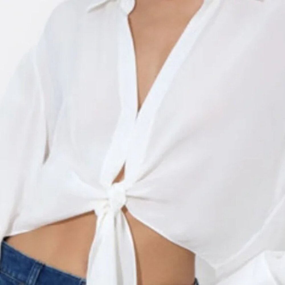 Basic White Cotton Button-Down Tie-front Top